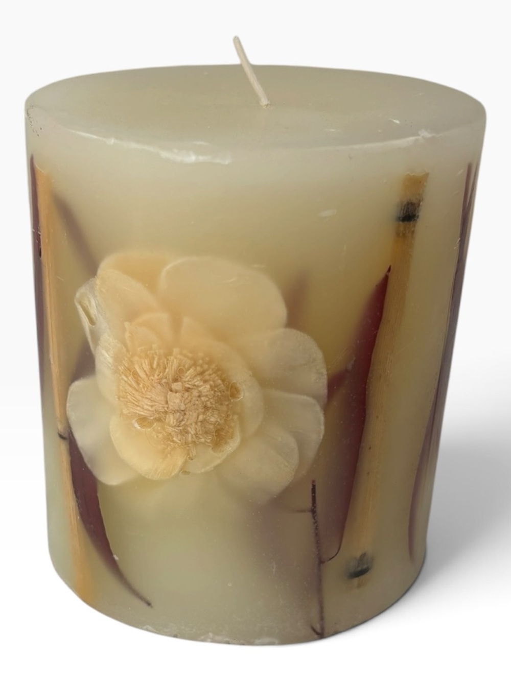 NEW Pier 1 Imports Asian Spice Pillar Candle 4.5” x 5” Floral Embedded 112 Hrs